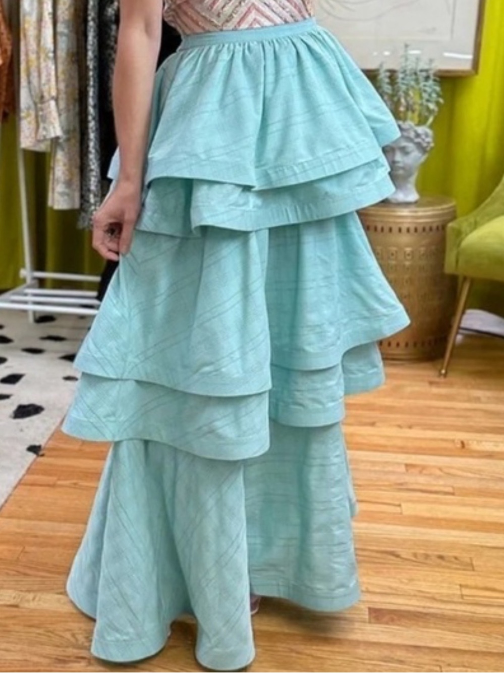 Buru Blue/Mint Green striped Ruffle Maxi (full length) Skirt